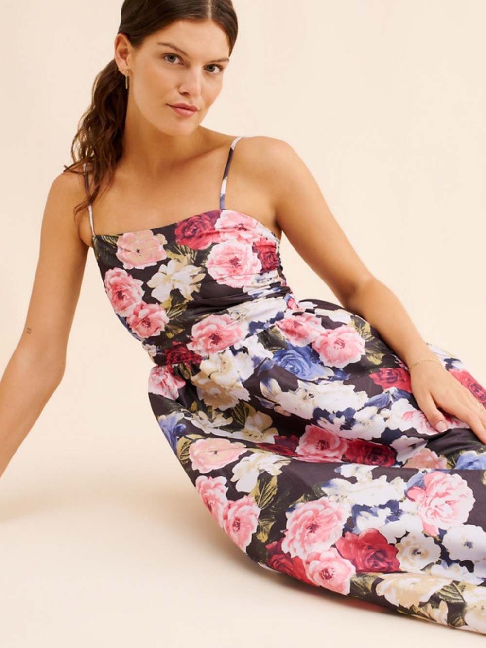 Floral Strappy Fit-and-Flare Maxi Dress - Black Background - Picture 5 of 16